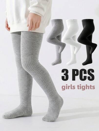 3 PCS Lightweight Striped Kids Girls' Simple Outdoor Tights, Baby Toddler Children's Leggings,Ideal For Spring & Autumn Season Simple Black, White And Gray Styles, Classic And Versatile.