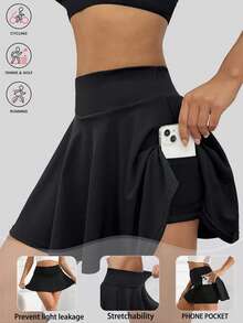 口袋运动裙，高腰无缝防走光双层迷你裙，网球裙，健身舞蹈网球裙，性感高腰短裤，户外防漏慢跑短裤，纯色简约日常百褶裙裤 - 黑色 - 查看 7