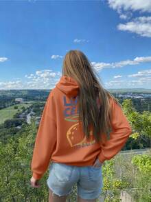 Women's Casual Graphic Print Loose Fit Thermal Lined Sweatshirt, Long Sleeve, Winter - Orange - View 6