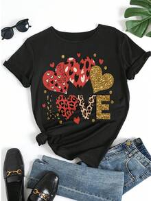 Damen Valentinstag Grafik T-Shirt mit Liebesherz, Leopardenmuster und glitzernder Aufschrift, Kurzarm Rundhals T-Shirt, lässiges Valentinstag Oberteil - Schwarz - Übersicht 5