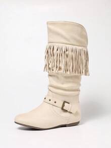 Botas hasta la pantorrilla con pliegues a rayas, hebilla y borlas, color beige, estilo bohemio europeo y americano, de punta redonda plana, cómodas y versátiles para la oficina, el transporte, el uso diario, las vacaciones, la calle y la escuela, de moda - Beis - Ver 4