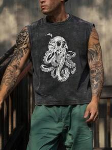 Men's Printed Vintage Washed Vest, Loose Fit, Casual Street Style, An Essential Everyday Item. - màu đen - Xem 1