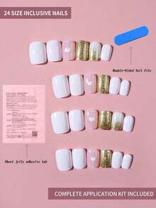 24pcs/Set Medium Square Shiny Colored French Manicure Nail Stickers, Containing Glter, Full Coverage Acrylic False Nails, Inclus 1pc Jelly Gel And 1pc Nail File, Suable For Women And S For Daily Work, Study And Garings - 多色 6 - 查看 8