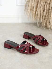 Women's Round Toe Low Heel Slippers, Versatile Comfortable Non-Slip Chunky Heel Roman Sandals For Commuting And Dating - Burgundy - View 6
