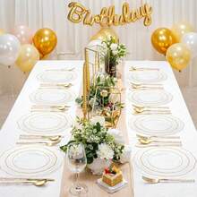 150PCS Clear Silver Plastic Plates & Disposable Silver Plastic Silverware With Glitter Bamboo Handle Cutlery-Baroque Clear Disposable Plates For Wedding & Easter Day & Mother's Day-TrugenixYSN1B - 金色 - 查看 4