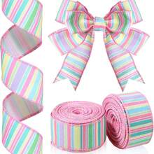 2 rollos de 10 yardas de cinta de 1.5 pulgadas con alambre, de estilo pastel de Pascua y primavera, cinta decorativa de rayas de lona rosa, adecuada para embalaje de fiestas de Navidad y manualidades - Colores mixtos - Ver 1
