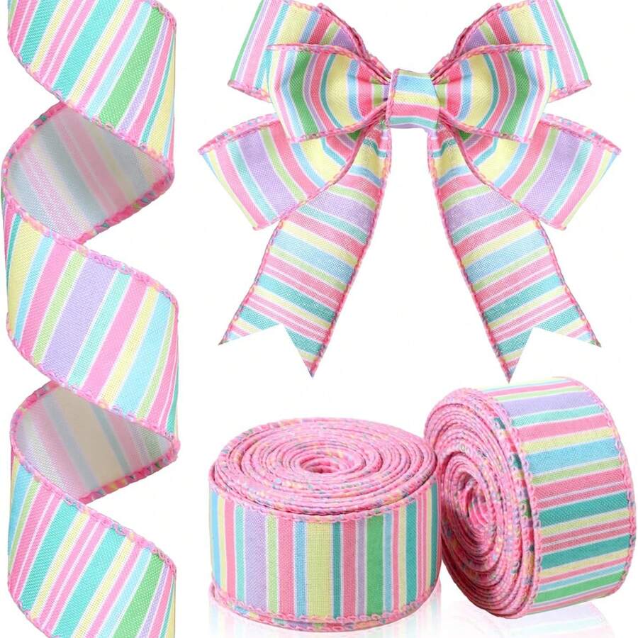 2 rollos de 10 yardas de cinta de 1.5 pulgadas con alambre, de estilo pastel de Pascua y primavera, cinta decorativa de rayas de lona rosa, adecuada para embalaje de fiestas de Navidad y manualidades - Colores mixtos - Ver 1