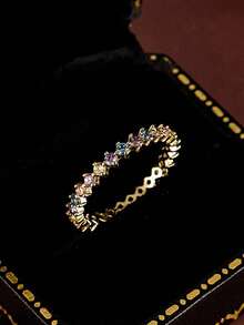 Flyleaf 1pc Luxury 925 Silver 14K Gold Plated Full Circle Colorful Cubic Zirconia Ring, Party & Daily Wear High-End Jewelry - 金子 - 查看 3