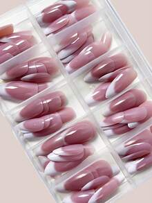 120pcs Medium-Long Almond-Shaped French Manicure Nail Stickers, Ombre Nude & Beige Minimalist Acrylic False Nails, Suitable For DIY Nail Art - Multicolor - View 2