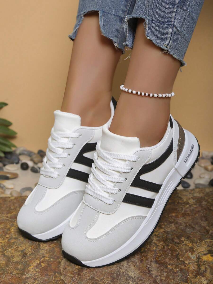 1 đôi giày thể thao đế dày, đệm khí, buộc dây, thoáng khí, giày chạy bộ thường ngày, giày sneaker - Đen và trắng - Xem 1