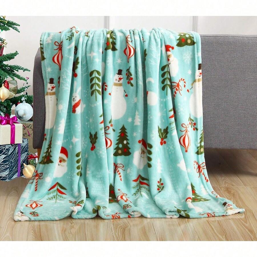 2026 Elegant Comfort Velvet Touch Ultra Plush Christmas Holiday Printed Fleece Throw/Blanket-50 X 60inch, (Reindeer), 50 X 60 Inch (W912) - 聖誕老人雪人藍綠色 - 查看 1