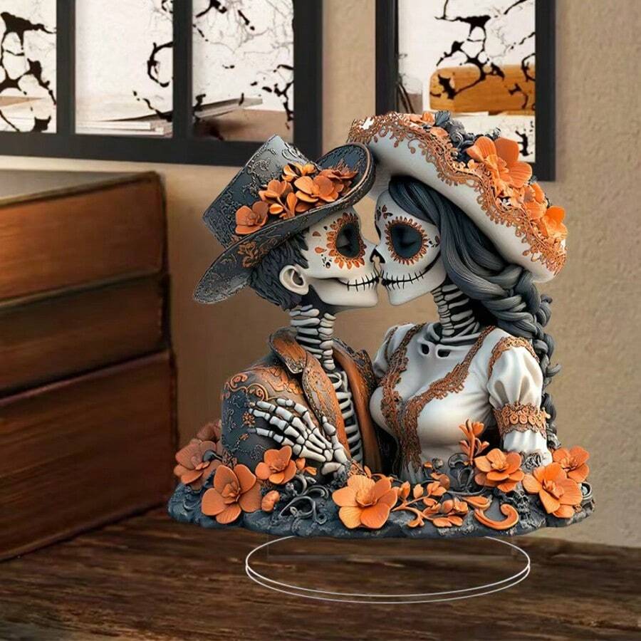 2D Acrylic Day Of The Dead Skeleton Couple Ornament Halloween Sugar Skull Desktop Decor