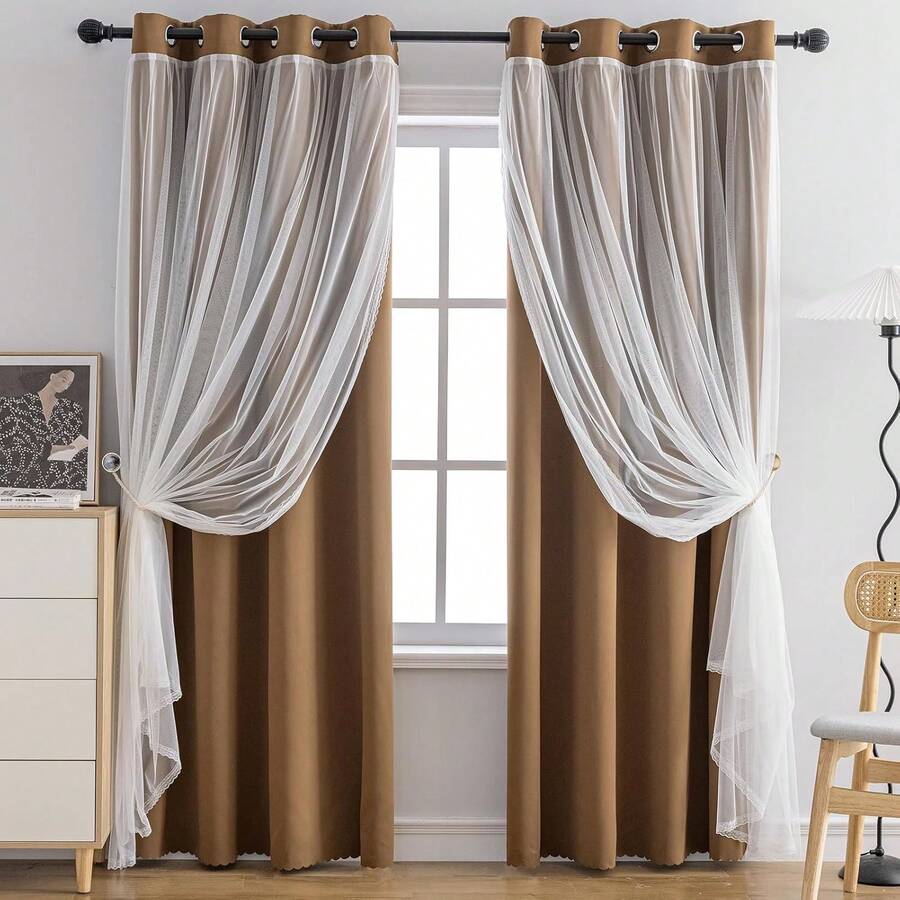 Blackout And Sheer Layered Solid Window Curtain Panel Pair With Grommet Top, 52Wx63L, Orange - Anytime Use - Coffee - 查看 1