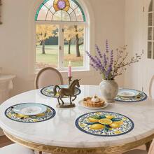 2/4/6pcs Blue Lemon Pattern Linen Placemats, Everyday Round Woven Kitchen Dining Table Mats Suitable For Restaurant Decor, Party, Kitchen - Multicolor - View 5