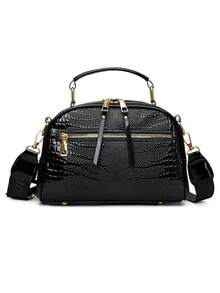 Women's Solid Color PU Adjustable Shoulder Strap Shoulder Diagonal Crossbody Bag, Crocodile Embossed Fashion Large Capacity Handbag - Black - View 7