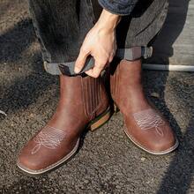 Men's Classic High-Top Riding Boots, Western Cowboy Style, Made Of Microfiber Leather With Rubber Soles, Comfortable And Durable, Featuring A Simple Embossed Design. Fashionable And , These Retro Pointed-Toe Wedge Cowboy Boots Are Also Easy To Put On And Take Off. - Brown - View 1