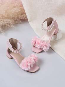 1 Pair Girls' Rhinestone Flower Chunky Heel Open Toe Hook And Loop Princess Sandals, Suitable For Performance, Daily Wear, Summer - Pink - View 3