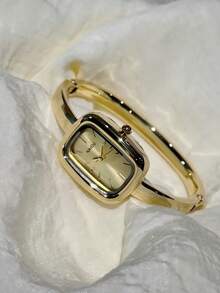 1 件女士椭圆形银黑色方形金色表盘石英休闲手表，适合日常佩戴 - 金色 - 查看 6