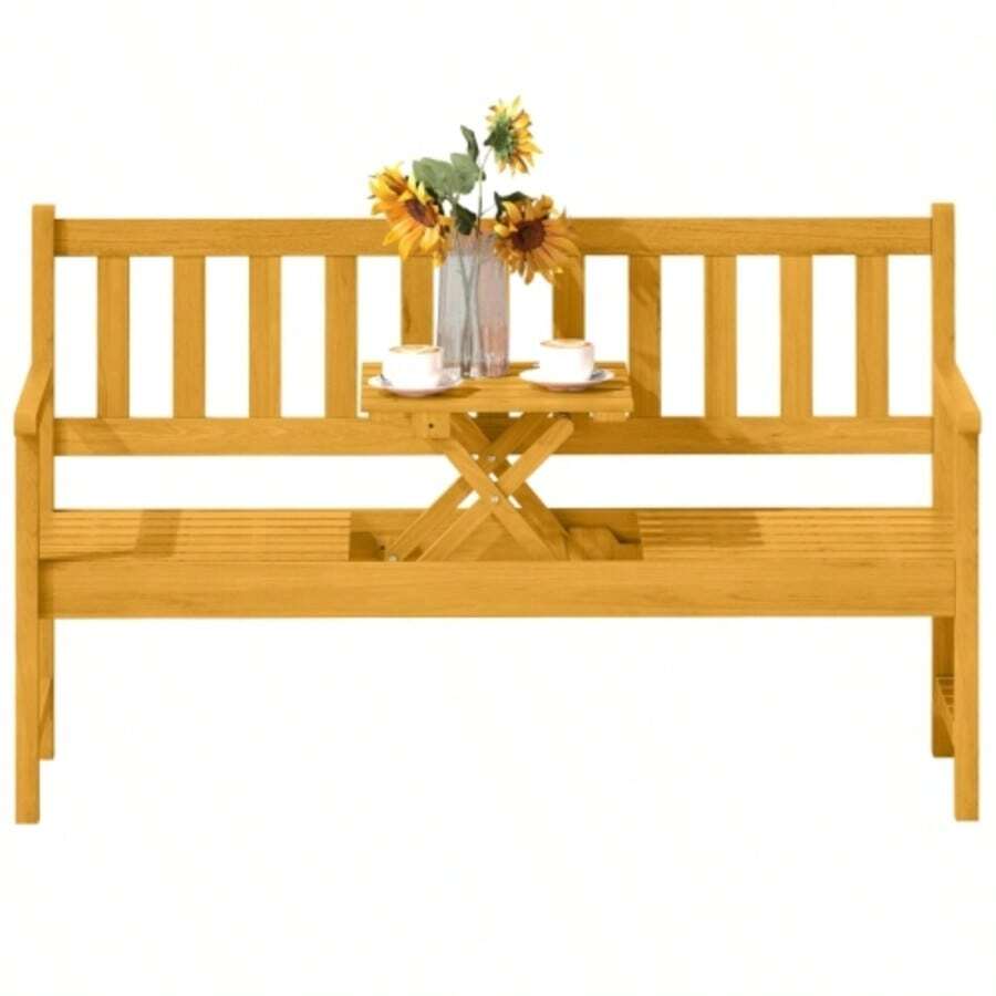 Two-Seater Wooden Garden Bench, Weather-Resistant, With Backrest And Armrests, Folding Table, Park Bench, Maximum Load 320 Kg, Balcony Bench, 149 X 56.5 X 89 Cm, Teak