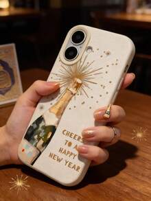New Year Celebration Phone Case – Hand-Painted Champagne Bottle With Golden Sparkle & Starburst Design, 'Cheers To A Happy New Year' Text In Elegant Gold Lettering, Soft Beige Leather-Textured Cover With Rounded Edges & Camera Protection For IPhone