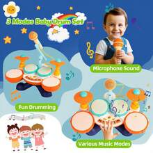 Two Styles Of Baby Drum Sets Available, Musical Toys With 10/20 Songs, Sound Effects, Animal Sounds, Game And Performance Modes, Flexible LED, Adjustable Volume, With Microphone, Children's Musical Instrument Toys Suitable For Children Over 12 Months Old, Drum Sets For Boys And Girls, Birthday Gifts - 橘色 - 查看 2