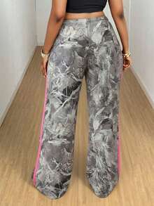 Women's Branch Print Contrast Color Belted Straight Leg Casual Pants, Chic Street Style, Comfortable & Lightweight, Versatile For Daily Wear, Fashionable Design, Suitable For All Seasons - Olive Green - View 2