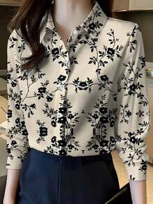 Camisa de manga larga elegante con estampado para mujer, con cuello, de material de poliéster, con botones delanteros, para vacaciones de primavera - Albaricoque - Ver 1