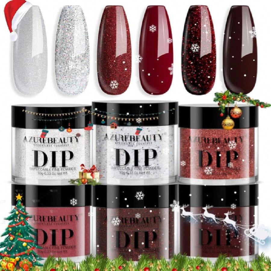 Dip Powder Set,6 Colors Sparkling Silver&Burgundy Glitter Red Dipping Powder Starter Kit French Nail Art Manicure DIalon Gifts For Women,No Need Nail Cured,37983891 - 灰色 - 查看 1
