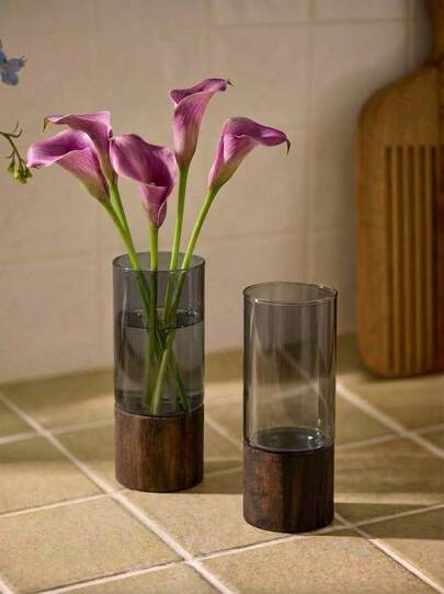 Cirelle 1 件 11.8 X 3.9 英寸奢华简约复古圆形木质底座亚克力花瓶，创意天然色水培鲜花玫瑰装饰，适用于客厅和餐桌