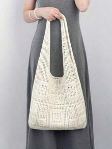 Minimalist Crochet Hollow Design Bag, Travel/Study Bag, Large Capacity, Portable, Suitable Teenage Girls, Women, College Students, Office Ladies, Work, Back To School, Middle School, High School,, Vacation And Various Occasions , Crochet R3U8 - Beige - 查看 3