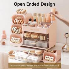 Organizer For Vanity With Brush Holder, Countertop Skincare Organizer With 2 Drawers, Spacious Cosmetic Display Case For Perfumes, Eyeshadow Palettes, Nail Polishes,38050873 - Hồng - Xem 6