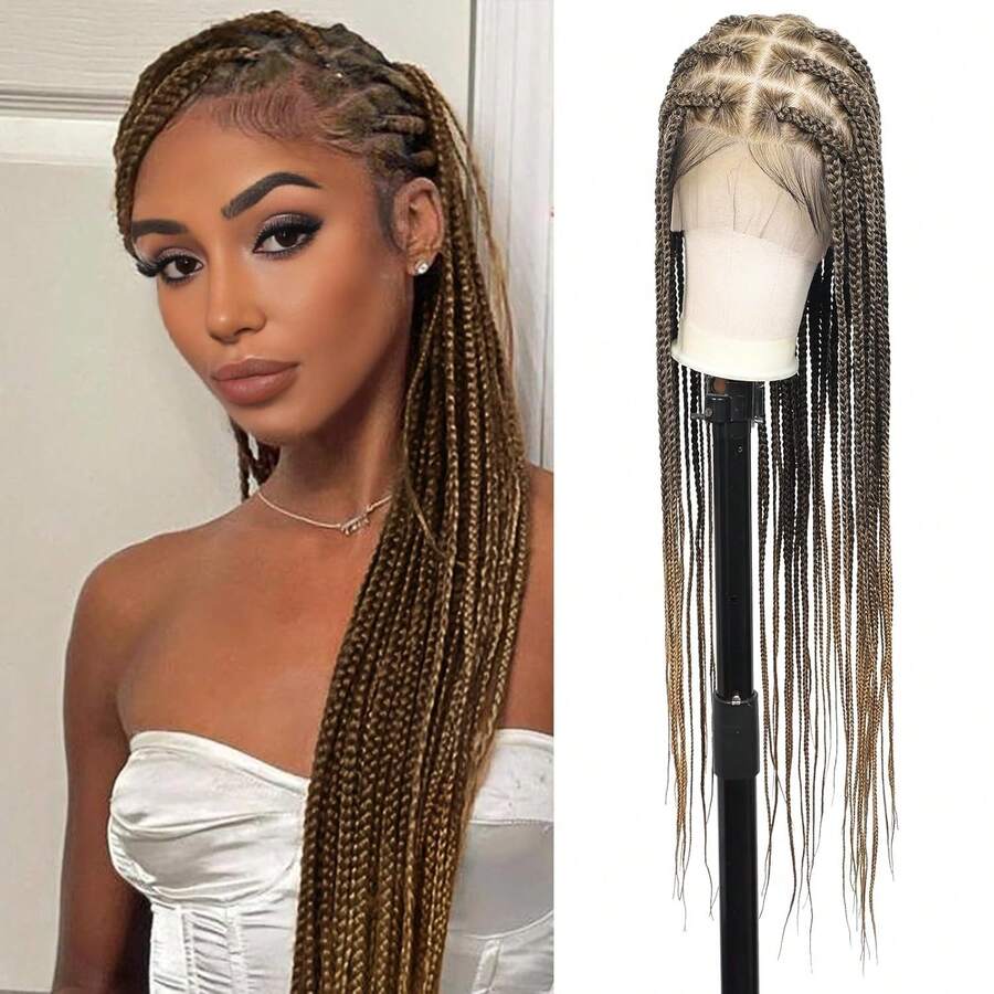 36" 360° HD Full Lace Large Square Knotless Braided Wigs For Women Box Braid Wig Braided Lace Front Wigs Premium Synthetic Braid Wig With Hair Brown,38058817 - Light Brown - 查看 1