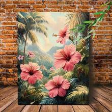 2D Flat, 1pc Vintage Tropical Hibiscus & Palm Trees Framed Canvas Wall Art - Wooden Wrap-Around Frame With Pink Flowers, Botanical Print & Hawaii Mountain Landscape - Ready-To-Hang Indoor Painting For Living Room, Bedroom, Office - Hawaiian, 2D Flat - 彩色 - 查看 2