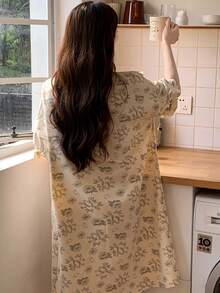 Women's Sleepwear Dress, Solid Color Square Neck Nightgown With Bow Decor, Contrast Color Cute Cartoon Casual Sleepwear Dress, Suitable For Spring And Summer Home Leisure - Apricot - View 2