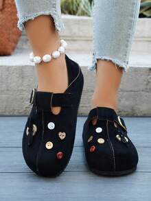 2026 New Women Cartoon Button Slip-On Casual Flat Soft Bottom Loafers - Black - View 5