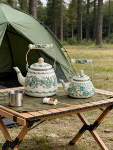 1 buc. Fierbător emailat vintage cu motive florale și mâner ceramic, multifuncțional pentru fierberea apei, cafelei, laptelui, ceaiului pe aragaz, ceai de după-amiază la birou, picnic și camping în aer liber, cadou excelent - Flori albastre - Vizualizare 6