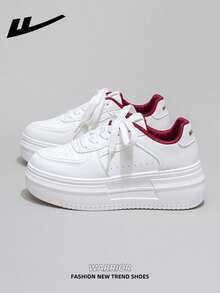 WARRIOR Women's Thick Sole Lace-Up Soft Bottom Casual Sneakers, Low-Top Flat Outdoor Shoes, Summer Commuter Shoes, Round Toe Low Heel Non-Slip Solid Color Elegant Soft Sole Shoes For Hiking, Suitable For Students Graduation Photos, Women's Low-Top Microfiber Sports Skateboard Shoes - White/Wine Red - View 1