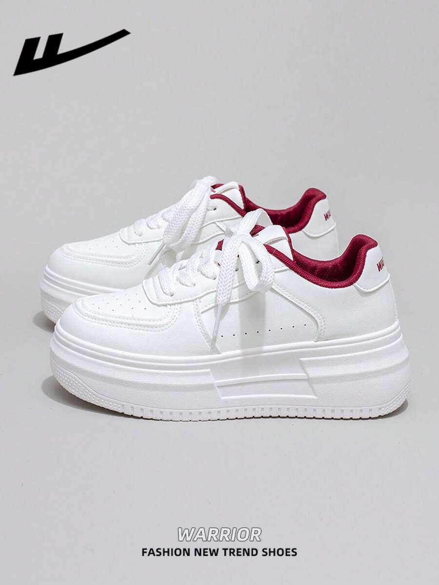 WARRIOR Women's Thick Sole Lace-Up Soft Bottom Casual Sneakers, Low-Top Flat Outdoor Shoes, Summer Commuter Shoes, Round Toe Low Heel Non-Slip Solid Color Elegant Soft Sole Shoes For Hiking, Suitable For Students Graduation Photos, Women's Low-Top Microfiber Sports Skateboard Shoes - White/Wine Red - View 1