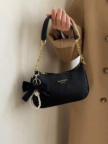 1pc Women's Solid Color PU Shoulder Bag, Versatile Underarm Bag For Work Commute, Adjustable Strap Crossbody Bag, Comes With Elegant Bow Decor - Black - View 7