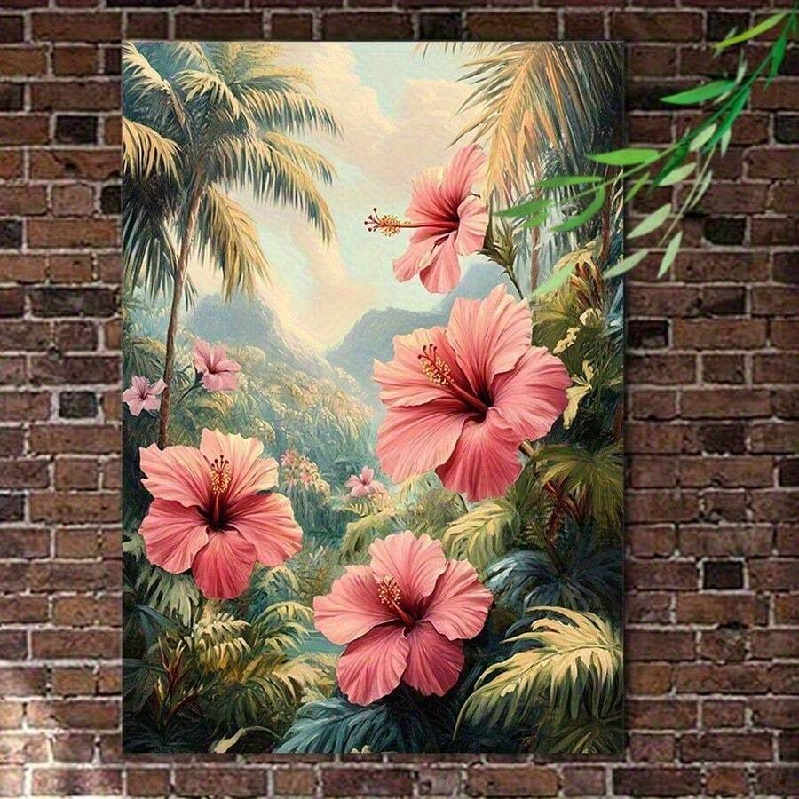 2D Flat, 1pc Vintage Tropical Hibiscus & Palm Trees Framed Canvas Wall Art - Wooden Wrap-Around Frame With Pink Flowers, Botanical Print & Hawaii Mountain Landscape - Ready-To-Hang Indoor Painting For Living Room, Bedroom, Office - Hawaiian, 2D Flat - 彩色 - 查看 1