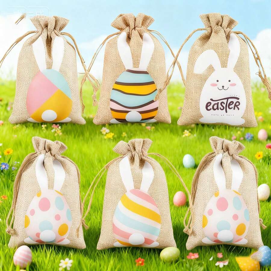 6/12pcs Easter Burlap Drawstring Bags, Easter Burlap Drawstring Bags, Rabbit Pattern Linen Gift Bags, Double Layer Burlap Drawstring, Easter Bags, Burlap Easter Rabbit Bags (Cartoon Style) - Multicolor - View 1