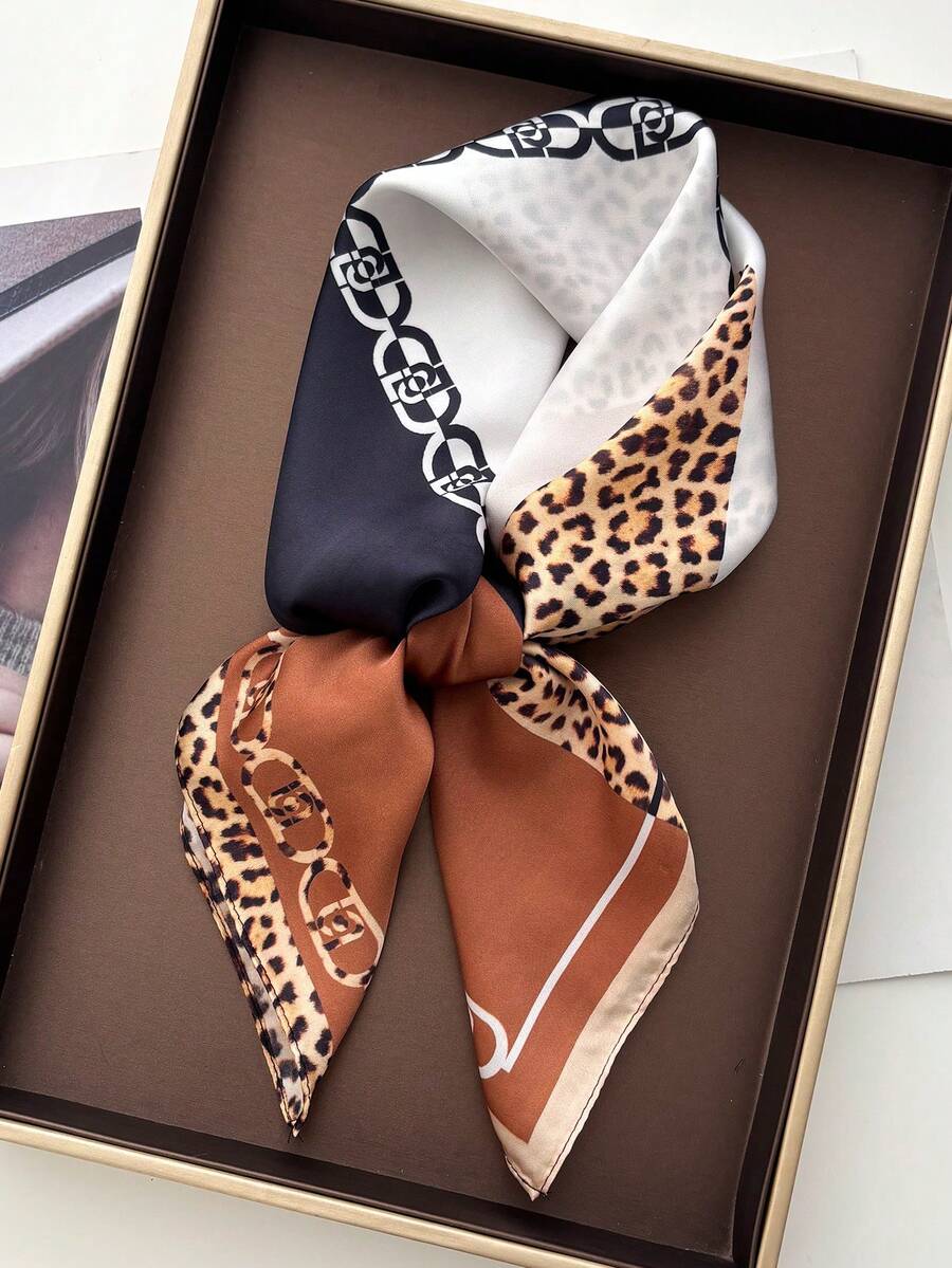 1 pieza Nuevo 2026 Moda Sexy Pañuelo de seda sintética con estampado de leopardo y color contrastante, Pañuelo unisex de 65*65cm, Pañuelo para el cuello, Adecuado para trajes, deportes al aire libre, equitación, compras, citas, fiestas, vacaciones, viajes y diversas ocasiones - Café integral - Ver 1