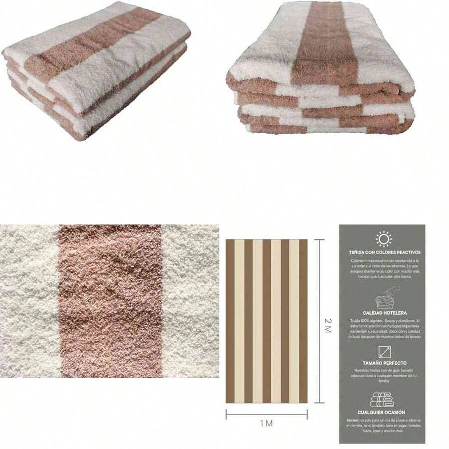 OpenHILa Josefina Toalla de Playa/alberca 100% algodn, con diseo de Rayas, Juego Surtido de 2 Piezas, 200x100cm, Calidad hotelera (Beige-Blanco) - beige-blanco - Ver 1