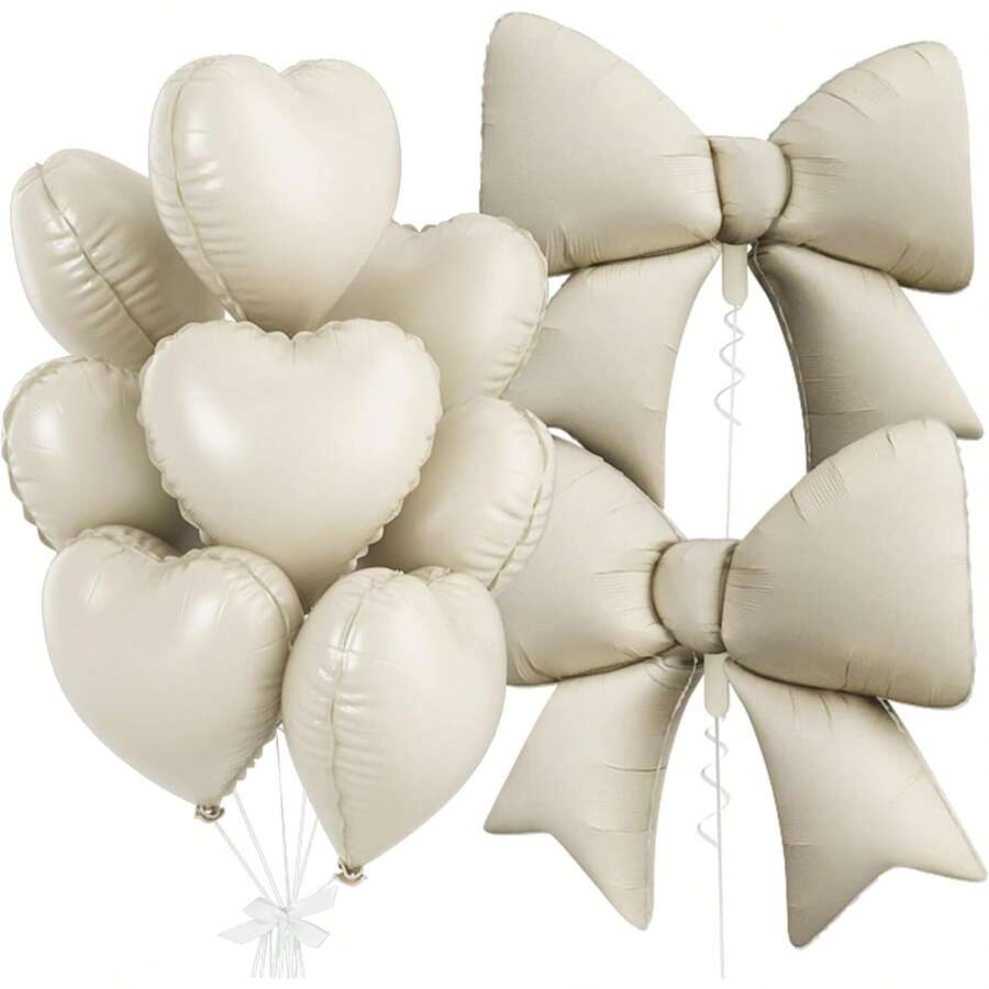 10个18英寸奶油色心形气球和1个38英寸奶油色蝴蝶结形氦气球，适合婴儿派对、生日、周年纪念、婚礼派对装饰。