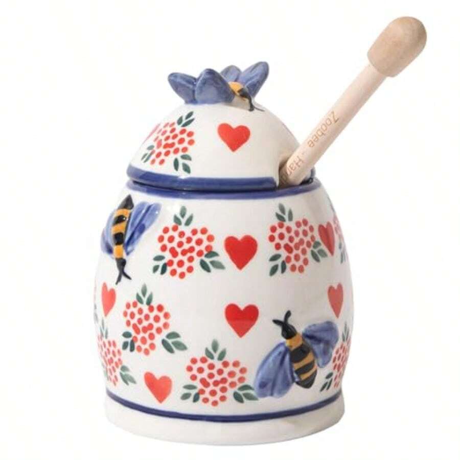 ZOOBEE Ceramic Honey Pots With Dipper And Lid Farmhouse Style10oz Honey Jar With Dipper Handpainted Honey Jars With Bees Easily Wash-Deep Love - 瘋狂的愛 - 查看 1