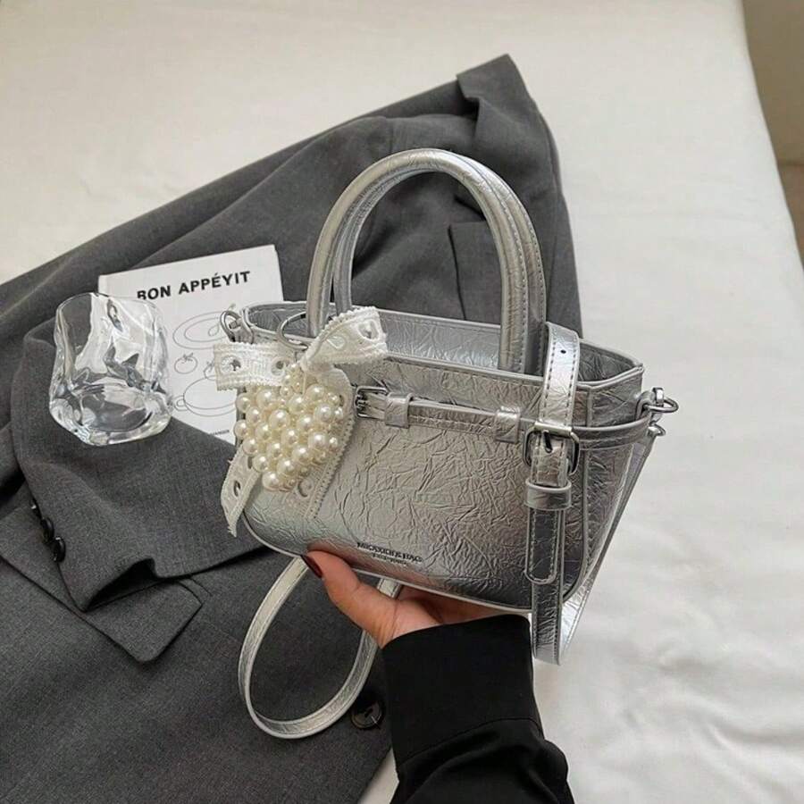 [Nueva]Bolso de hombro para mujer de diseño minimalista bolso de axila elegante bolso de trabajo y ocio bolso de viaje moderno y versátil bolso de hombro mujer - Plata con colgante - Ver 1