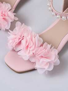 1 Pair Girls' Rhinestone Flower Chunky Heel Open Toe Hook And Loop Princess Sandals, Suitable For Performance, Daily Wear, Summer - Pink - View 7