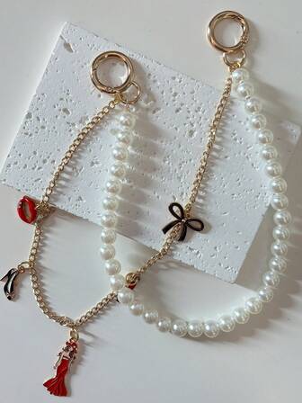 1 pieza Colgante de bolso con cadena de perlas larga, cadena de doble capa con decoración de lazo, labios rojos y tacones altos, accesorio de moda retro para vaqueros