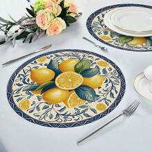 2/4/6pcs Blue Lemon Pattern Linen Placemats, Everyday Round Woven Kitchen Dining Table Mats Suitable For Restaurant Decor, Party, Kitchen - Multicolor - View 3