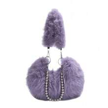 [Oferta exclusiva]Bolso cruzado de mujer con perlas y cadena de pelo suave versátil para el otoño e invierno estilo coreano - Morado - Ver 6